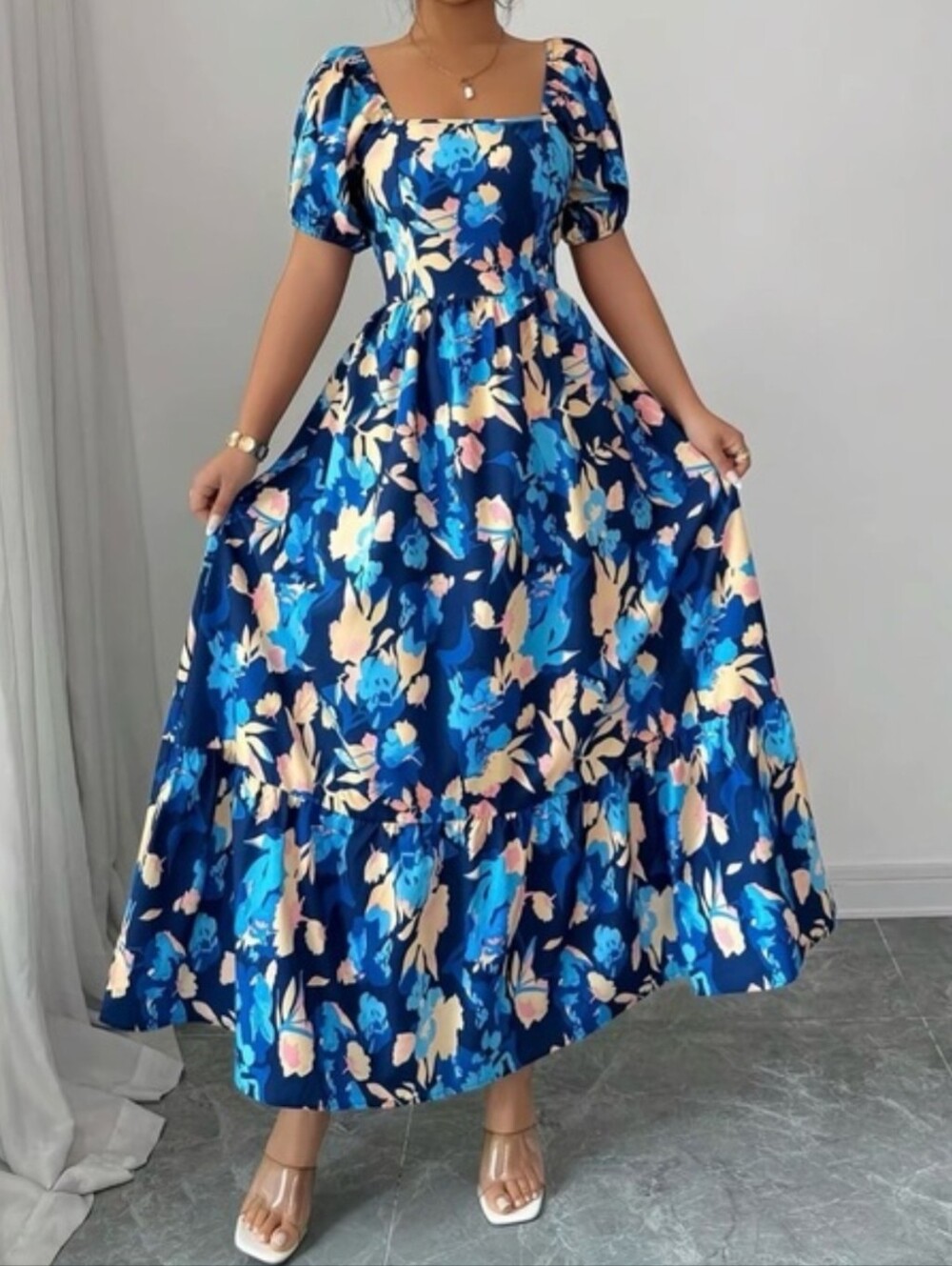 Floral Puff-Sleeve Maxi Dress in Navy Blue